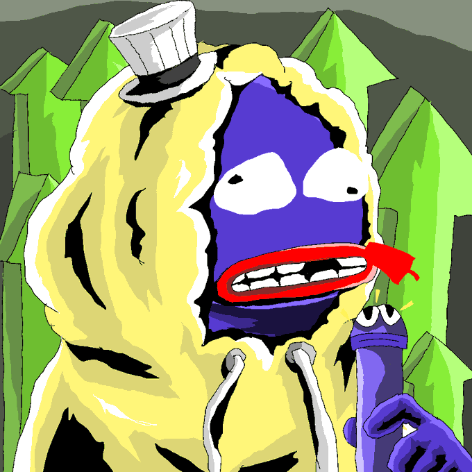 A crudely drawn purple cartoon character in a yellow hoodie and top hat with blood dripping from its mouth, rendered in MS Paint–style art. The grotesque, meme-like illustration accompanies a post about a wei doll collection on OpenSea, fitting the absurdist NFT meme aesthetic.