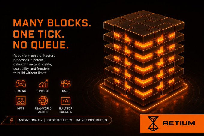 The image features an advertisement for a company called Retium that specializes in building blockchain infrastructure. The advertisement showcases a 3D rendering of a cube made up of many blocks, which represents the core concept behind Retium's architecture. The cube is illuminated with orange lights and has various icons representing different aspects of the digital economy such as gaming, finance, and NFTs. The image also includes text that highlights the company's focus on creating an open and transparent digital ecosystem for applications across DeFi, gaming, DAO, NFTs, and tokenized real-world use cases.