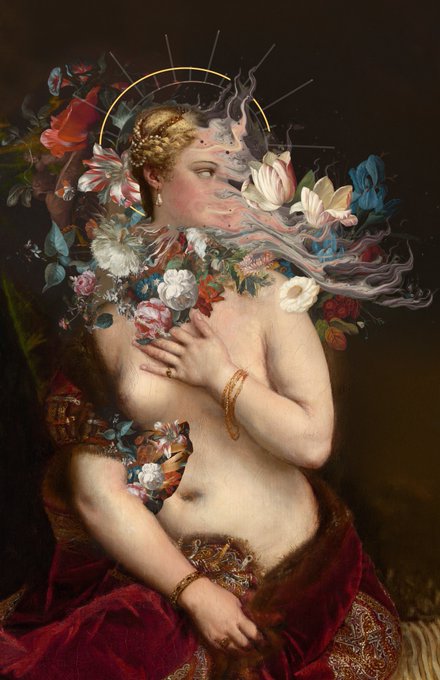A classical painting depicts a partially nude woman with flowers surrounding her head and body, with smoke rising from her mouth.