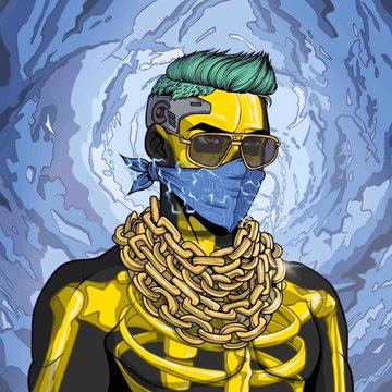 A stylized digital illustration of a cyberpunk character with a green mohawk, sunglasses, a blue bandana covering the lower face, and gold chains, set against a blue swirling background. The bold, futuristic artwork fits the giveaway theme, visually representing the prizes (HAXZ V2 #3314 and FREN #4531) being raffled to subscribers of the AI Wheel event.