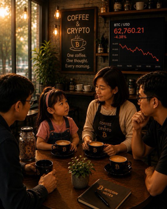 A family sits at a table in a coffee shop decorated with Bitcoin motifs, with a BTC/USD price chart showing $62,760.21 and a -4.38% decline displayed on a screen.