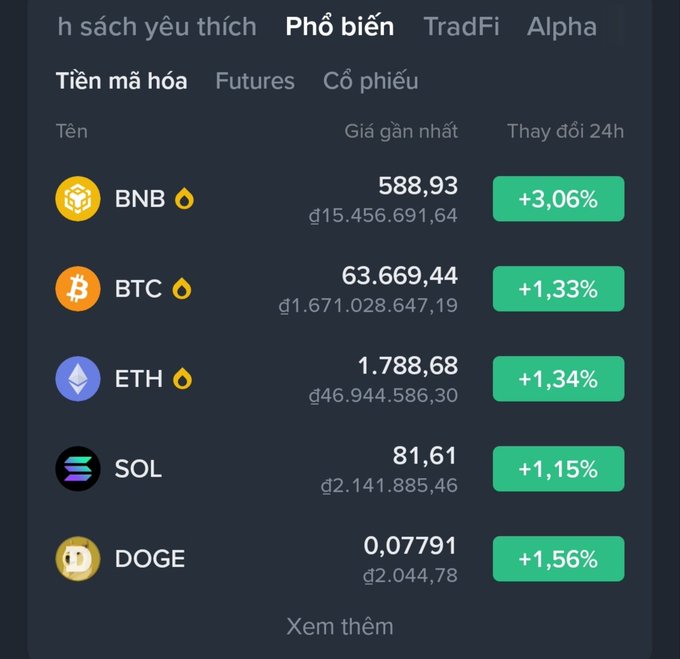 A cryptocurrency market interface in Vietnamese showing popular coins with their 24-hour price changes: BNB +3.06%, BTC +1.33%, ETH +1.34%, SOL +1.15%, and DOGE +1.56%.