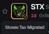 The image shows a stylized logo with green and gold oval design alongside the text "STX S" and "Stax Tax Imposed" on a dark background. This appears to be branding for "STX.S," a crypto tax-related platform, connecting to the post about its website going live while the mobile version is still in development.