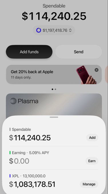 A fintech app screen displays a spendable balance of $114,240.25 alongside a Plasma account summary, showing $1,083,178.51 worth of XPL tokens (13,100,000.0), likely explaining the user's "XPL?" curiosity about their crypto holdings.