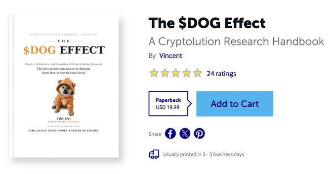 An online store listing for the book 'The $DOG Effect: A Cryptolution Research Handbook' by Vincent, priced at $19.99 paperback with an 'Add to Cart' button and 24 ratings.