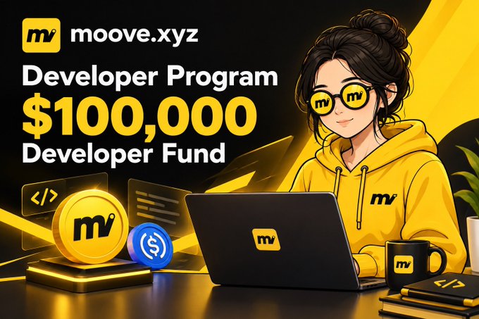 A promotional graphic for moove.xyz advertising a '$100,000 Developer Fund' Developer Program, featuring an anime-style female character in a yellow moove-branded hoodie using a laptop with crypto coins displayed.