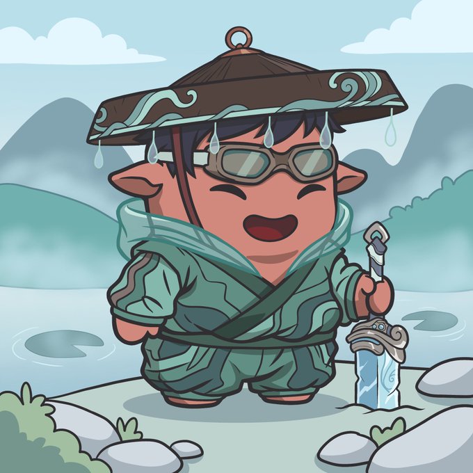 A cartoon character wearing a green patterned robe, glasses, and a wide brown hat adorned with water drops, standing in a landscape holding a sword.
