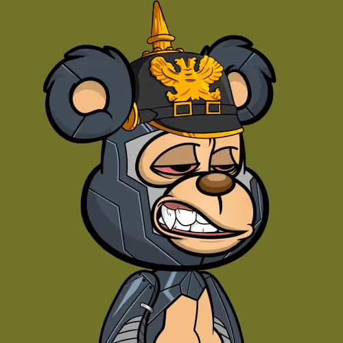 A cartoon character combining a black bear helmet with a Pickle Rick-style hat featuring an eagle emblem, showing a weary expression against an olive green background.