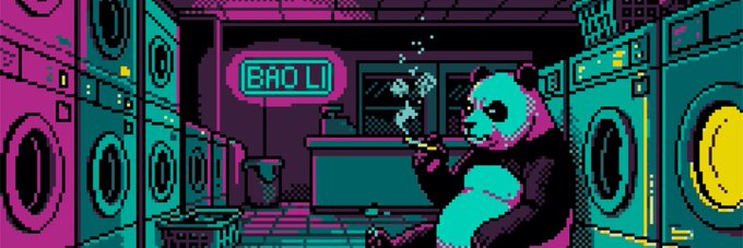urn of water, panda bear, and neon sign for broli are featured on a vibrant graphic design.