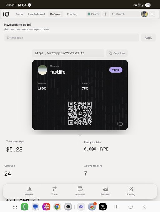 A screenshot of the Entropy exchange "Referrals" page shows the user "fastlife" (Tier 3) sharing their referral link/QR code with a 160% rebate/75% benefit split, and jokingly boasts of $5.28 in earnings from 24 sign-ups and 7 active traders, captioned with mock guilt about profiting off followers' trading fees.