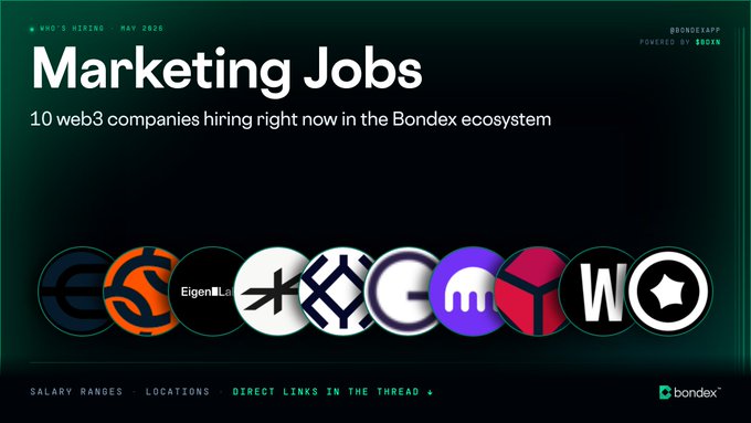The image shows a poster for job openings at Bondex, an ecosystem that connects businesses with web3 technology companies. The poster features a list of ten web3 companies currently hiring marketing professionals. The text indicates that these jobs are available on May 10th, and they are open to anyone interested in applying. The poster also provides information about the types of roles being offered and where to find more details.