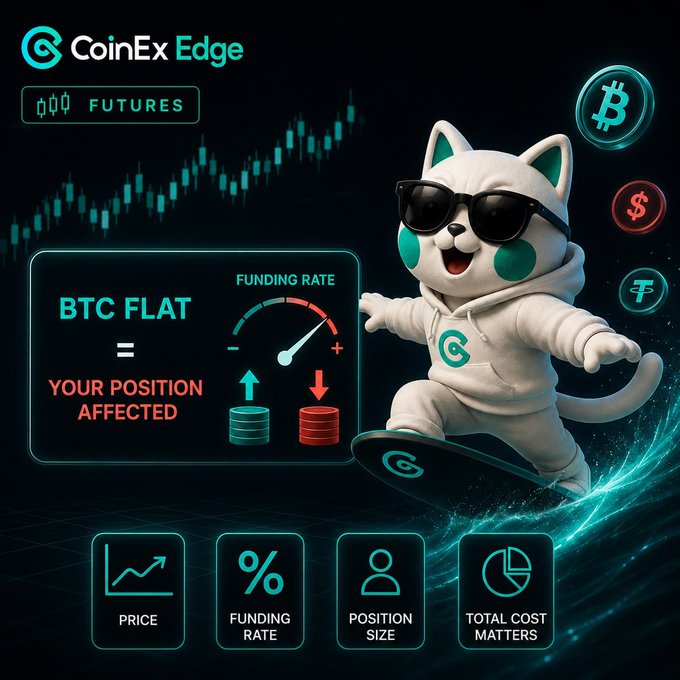 A promotional graphic for CoinEx Edge Futures featuring a cartoon cat mascot in a white hoodie and sunglasses riding a skateboard, with text explaining 'BTC FLAT = YOUR POSITION AFFECTED' and categories for Price, Funding Rate, Position Size, and Total Cost Matters.