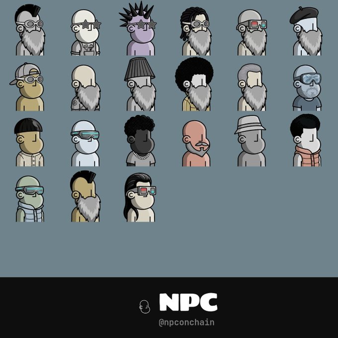 A grid of 22 cartoon-style avatar illustrations of various characters with distinct hairstyles and accessories, with the logo 'NPC' and handle '@npcOnchain' at the bottom.