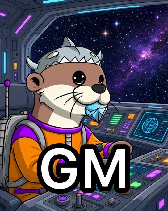 A cartoon otter wearing a silver helmet and orange spacesuit sits at the cockpit controls of a spaceship, holding a blue diamond, with the bold text "GM" overlaid across the center.