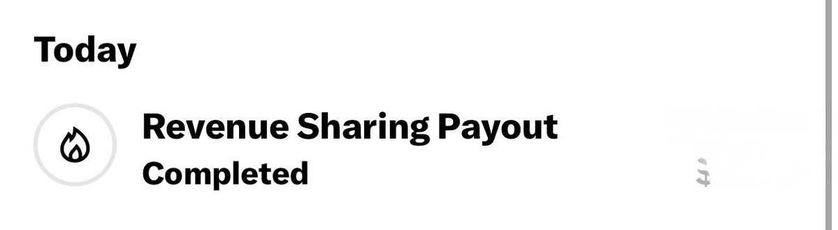 A clean white interface displays a 'Today' notification confirming a 'Revenue Sharing Payout Completed' with a flame icon and a small dollar sign symbol.