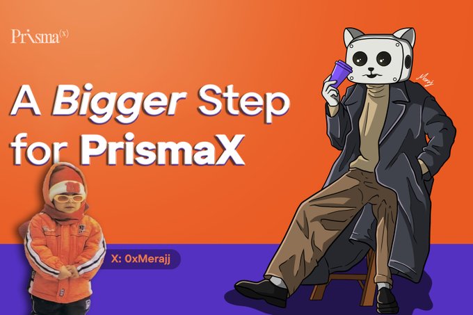 A promotional banner for 'PrismaX' reading 'A Bigger Step for PrismaX' with the X handle 'OxMeraji,' featuring a child in a red hooded jacket on the left and an illustrated character in a panda mask holding a purple phone on the right.