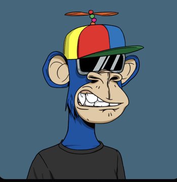A cartoon blue monkey character wearing sunglasses and a colorful propeller beanie cap is shown, representing a Bored Ape Yacht Club-style NFT, with the post comparing it to a Cryptopunk PFP.