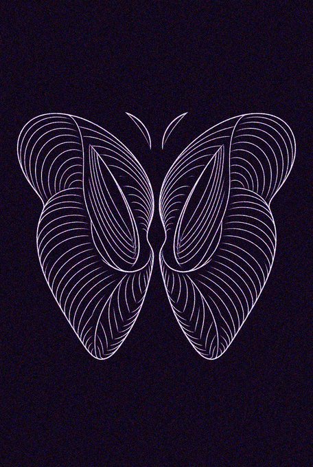 A minimalist white line-art illustration of a symmetrical butterfly-like or moth-like winged creature on a dark navy background.