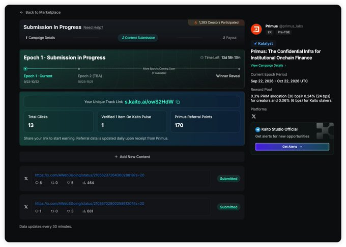 A screenshot of a Kaito Studio dashboard showing a Primus campaign submission in progress for Katalyst, with metrics including 13 total clicks, 1 verified item, and 170 Primus Referral Points.
