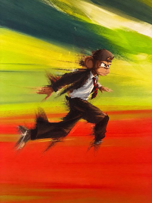 A digital painting depicts a monkey dressed in a black suit and white shirt with a red tie, running across a red and green gradient background.