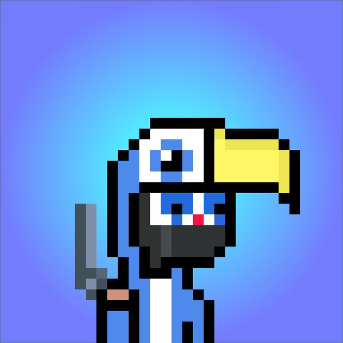Pixel art image of a blue bird-like character with a large yellow beak and surprised expression against a gradient blue background.