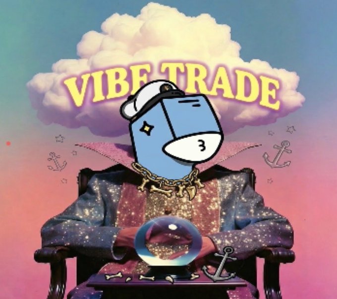 A colorful digital artwork titled 'VIBE TRADE' featuring a blue milk carton character with a sailor hat sitting in a chair holding a crystal ball.