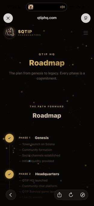 The image shows the "Roadmap" page of QTIP HQ (qtiphq.com), detailing the project's development phases including Phase 1: Genesis (token launch on Solana, community formation, social channels, initial liquidity) and Phase 2: Headquarters (QTIP HQ launch, community chat platform, QTIP Survival game). 

This roadmap reinforces the post's message about $QTIP building a structured, long-term cultural fortress on Solana by showcasing its methodical phase-by-phase approach—from token launch to launching its own HQ platform and survival game—rather than relying on typical short-term CT hype cycles.
