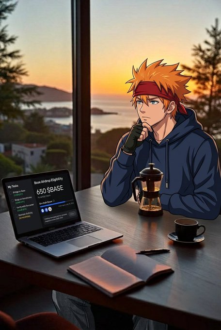 Anime-style illustration of an orange-haired young man with a red headband sitting at a desk by a window overlooking the ocean at sunset, with a laptop displaying 'Base Airdrop Eligibility 650 $BASE' visible on screen.