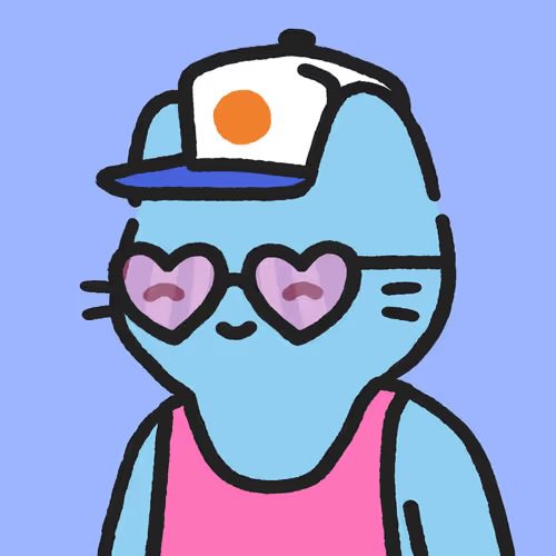 Illustration of a cute blue cartoon cat-like character wearing a trucker hat with an orange logo, pink heart-shaped sunglasses, and a pink tank top against a light purple background.