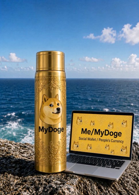 A golden thermos featuring a Shiba Inu dog and the text "MyDoge" sits on a rocky surface beside a laptop displaying "Me/MyDoge Social Wallet / People's Currency" with the same dog logo, set against a scenic ocean backdrop.