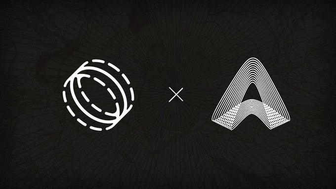 Two minimalist white logos on a cracked black background: a circular globe-like emblem on the left and a layered 'A' shape on the right, separated by an 'x' symbol.