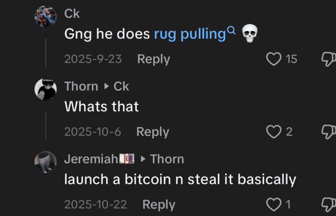 A screenshot of a social media comment thread where user 'Ck' comments 'Gng he does rug pulling 💀', with replies from 'Thorn' asking 'Whats that' and 'Jeremiah' explaining 'launch a bitcoin n steal it basically.'