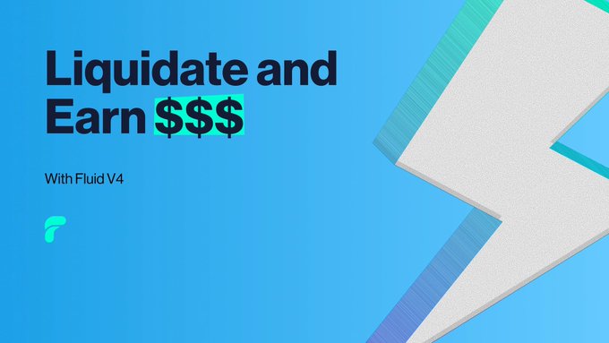 The image is a promotional graphic for Fluid V4, featuring a bright blue background with bold text reading "Liquidate and Earn $$$" and "With Fluid V4," alongside the Fluid logo and a large lightning bolt design. The graphic directly relates to the post by introducing the new liquidation bot feature for $FLDT holders on Cardano, emphasizing the profit opportunity ("Earn $$$") from running Aquarium bots that liquidate undercollateralized positions to maintain the lending protocol's health.