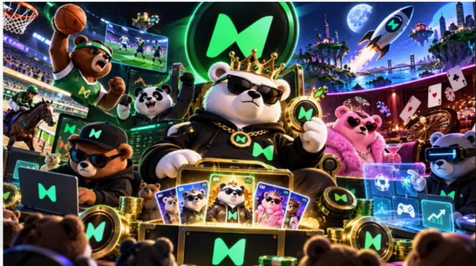 A vibrant digital illustration features a crowned bear mascot in sunglasses surrounded by gaming, sports, and tech imagery, with prominent green "M" logos throughout.
