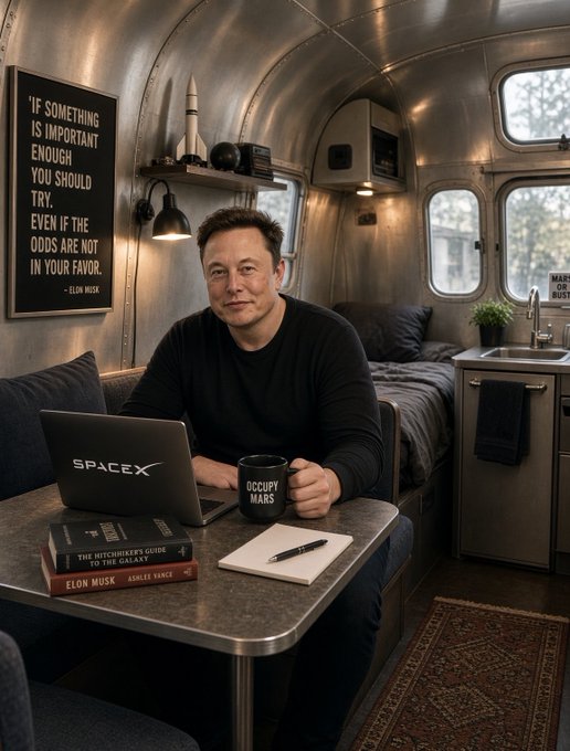 An AI-generated image of Elon Musk sitting inside a compact Airstream-style trailer, using a 'SpaceX' laptop and holding a mug reading 'Occupy Mars', with a framed Elon Musk quote on the wall.