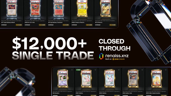 Advertisement for rendiss.xyz showing '$12,000+ SINGLE TRADE CLOSED THROUGH' with various Pokémon card listings including #077 ig Delivery Stout, #246 rev-IV rnoho, #178 Cho Delivery Charizard, #058 Tohoku's Mewtwo, and #073 Pikachu.