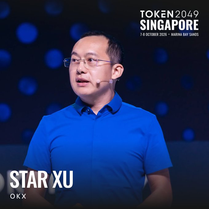 Star Xu, CEO of OKX, speaking at TOKEN2049 Singapore (7-8 October 2026, Marina Bay Sands).