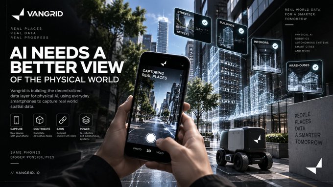 Promotional graphic for Vangrid, headlined 'AI NEEDS A BETTER VIEW OF THE PHYSICAL WORLD,' showing a smartphone capturing urban data to build decentralized physical AI systems.