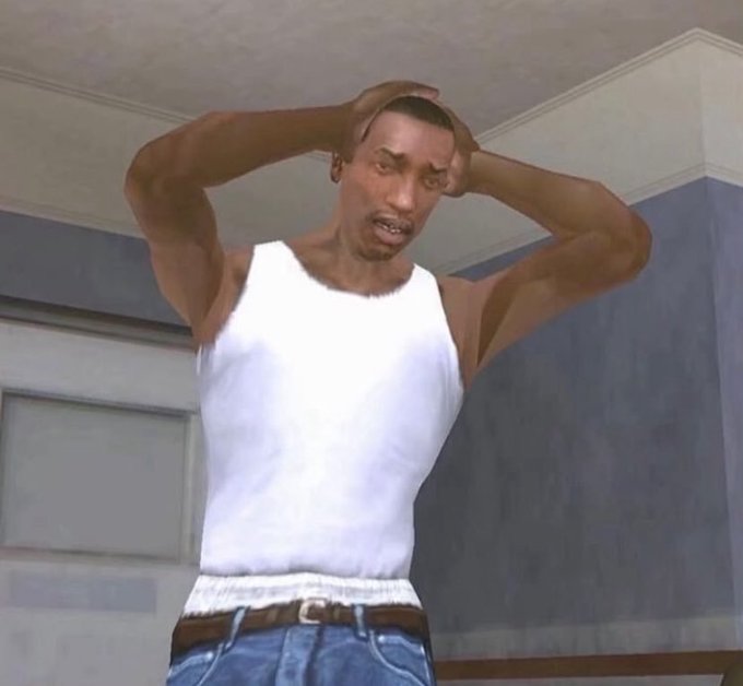 A low-resolution screenshot of a character from Grand Theft Auto: San Andreas stands with both hands on his head in an exasperated pose, wearing a white tank top and jeans. The image fits the post's sentiment of frustration and disbelief, serving as a meme reaction to choosing which NFT to "cope" with today.