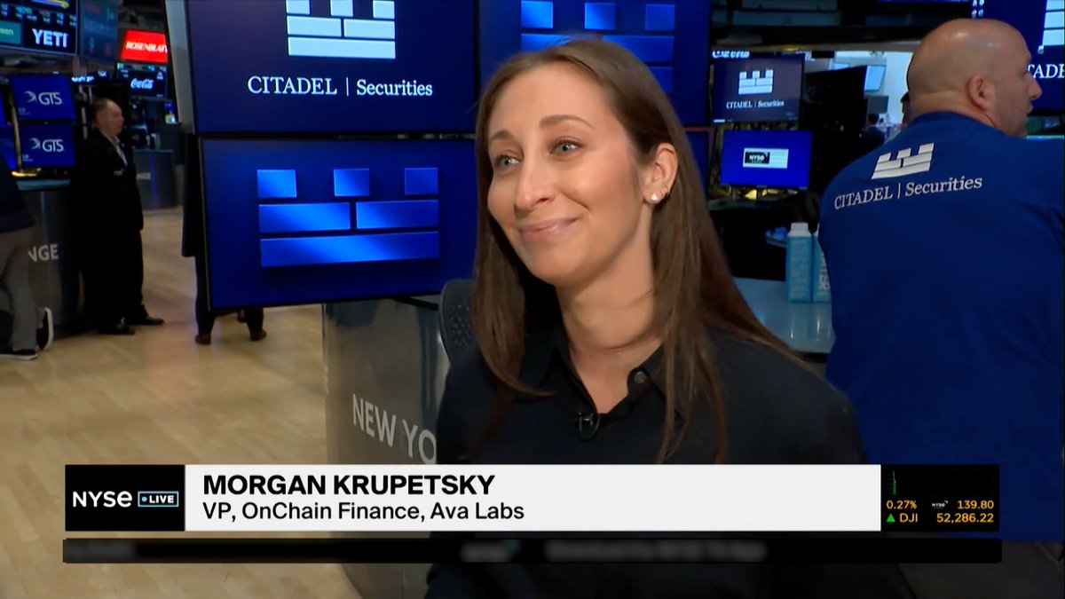Morgan Krupetsky, VP of OnChain Finance at Ava Labs, being interviewed on NYSE Live with Citadel Securities branding visible in the background trading floor.