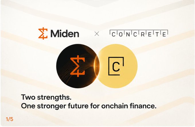 A promotional graphic announcing a partnership between Miden and Concrete, featuring their logos (Miden's "Σ" mark and Concrete's "C" emblem) inside overlapping black and gold circles, with the tagline "Two strengths. One stronger future for onchain finance."