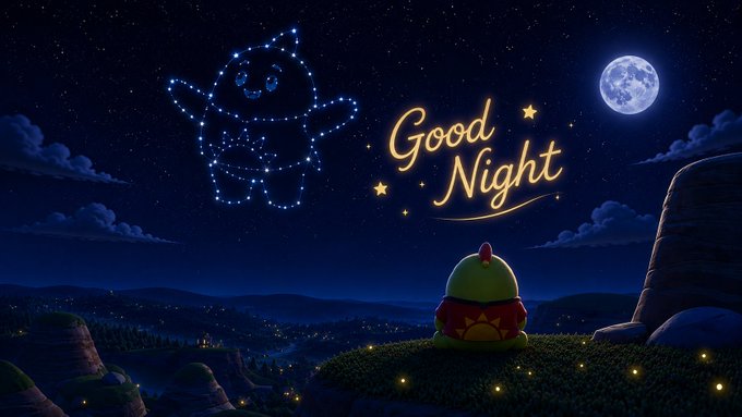 A small green character in a red hoodie looks up at a starry sky where constellation lines form a smiling figure beside the glowing text 'Good Night'.