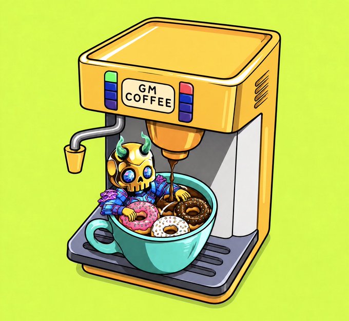 A colorful digital illustration shows a yellow coffee machine labeled "GM COFFEE" brewing a small horned demon character sitting inside a teal cup filled with donuts.