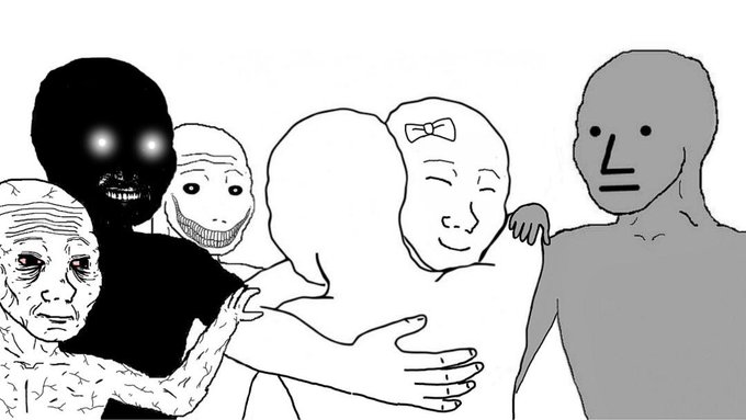 The image features a group of people, including two men with their arms around each other, all smiling at the camera. The caption reads "to all the new $WOJAK holders... welcome. you’re early. join the tg. join the X chats." This suggests that they are welcoming newcomers to the community and encouraging them to join in on the fun.