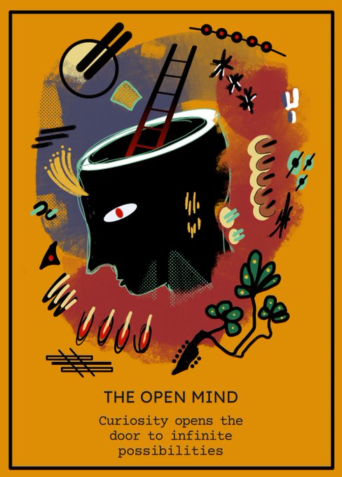 An artistic poster with an orange background featuring abstract illustrations, including a black figure with a red eye, captioned 'THE OPEN MIND - Curiosity opens the door to infinite possibilities'.