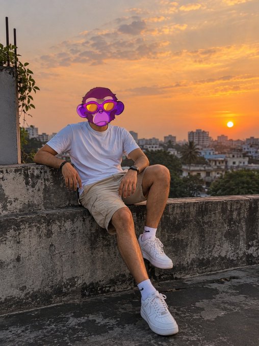 A young man wearing a white t-shirt, beige shorts, white sneakers, and a purple monkey emoji sticker over his face, sitting on a rooftop wall with a sunset cityscape in the background.
