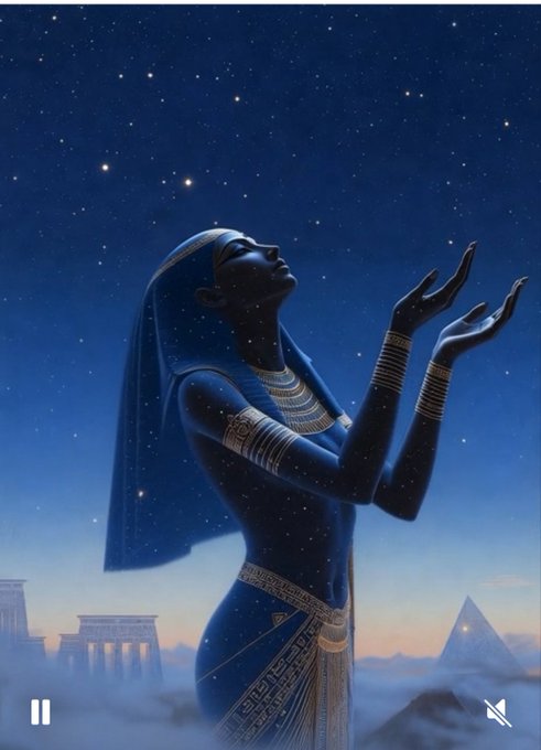A digital illustration of an Egyptian woman in traditional dress with arms raised toward the sky, set against a starry night with pyramids and ancient structures in the background.