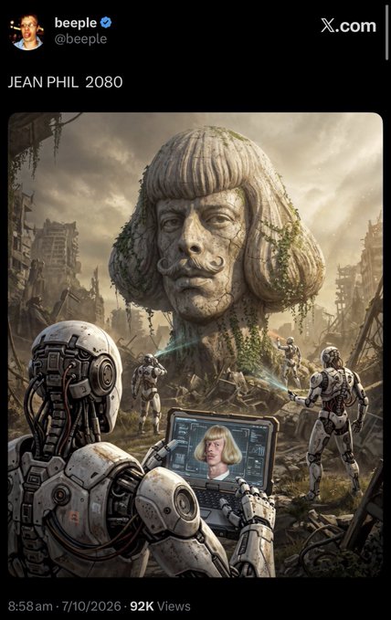 A Beeple AI-generated artwork titled "JEAN PHIL 2080" depicts a giant moss-covered statue resembling Jean-Philip with humanoid robots exploring a post-apocalyptic cityscape, one holding a tablet showing a live video feed of him. The post highlights how Beeple, BBC, and Higgsfield have all featured him, fueling the $JEANPHIL token pump.