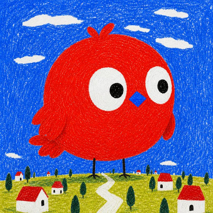 A whimsical crayon-style illustration features a giant red robin towering over a tiny village with red-roofed houses, a winding path, and trees under a blue sky with white clouds. The artwork directly represents the "Little Worlds : Robin" NFT collection mentioned in the post, depicting the collection's signature robin character in an oversized, playful scene.