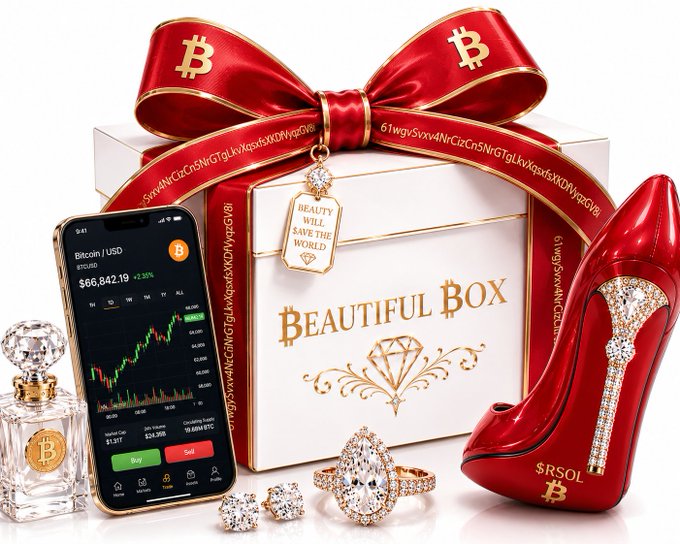 A promotional 'Beautiful Box' image featuring a red gift box with a Bitcoin-themed bow, alongside red Bitcoin stiletto heels ($RSOL), a Bitcoin/USD price chart showing $66,842.19 (+2.35%), a Bitcoin perfume bottle, and diamond jewelry.
